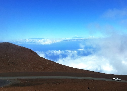 Red landscape and view of Big Island